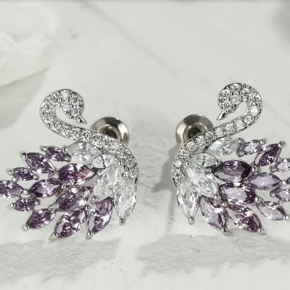 Luxurious Purple Swan Stud Earrings